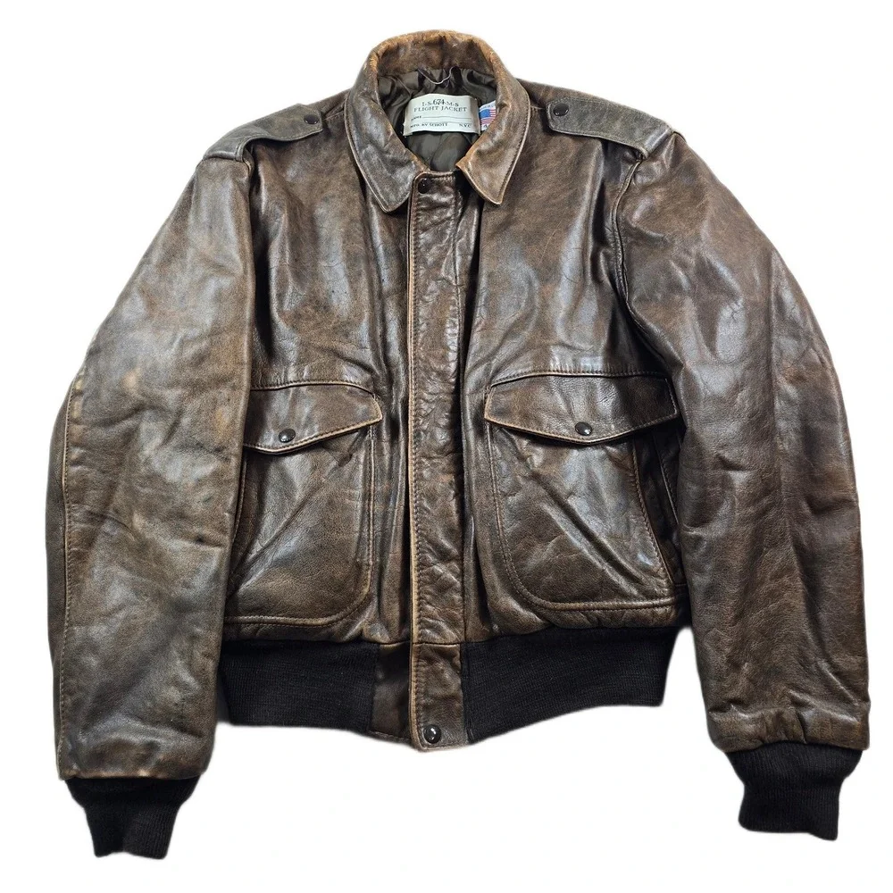 Schott NYC Flight Jacket Mens Large 44 Brown Leather I.S.674.M.S Vintage Bomber